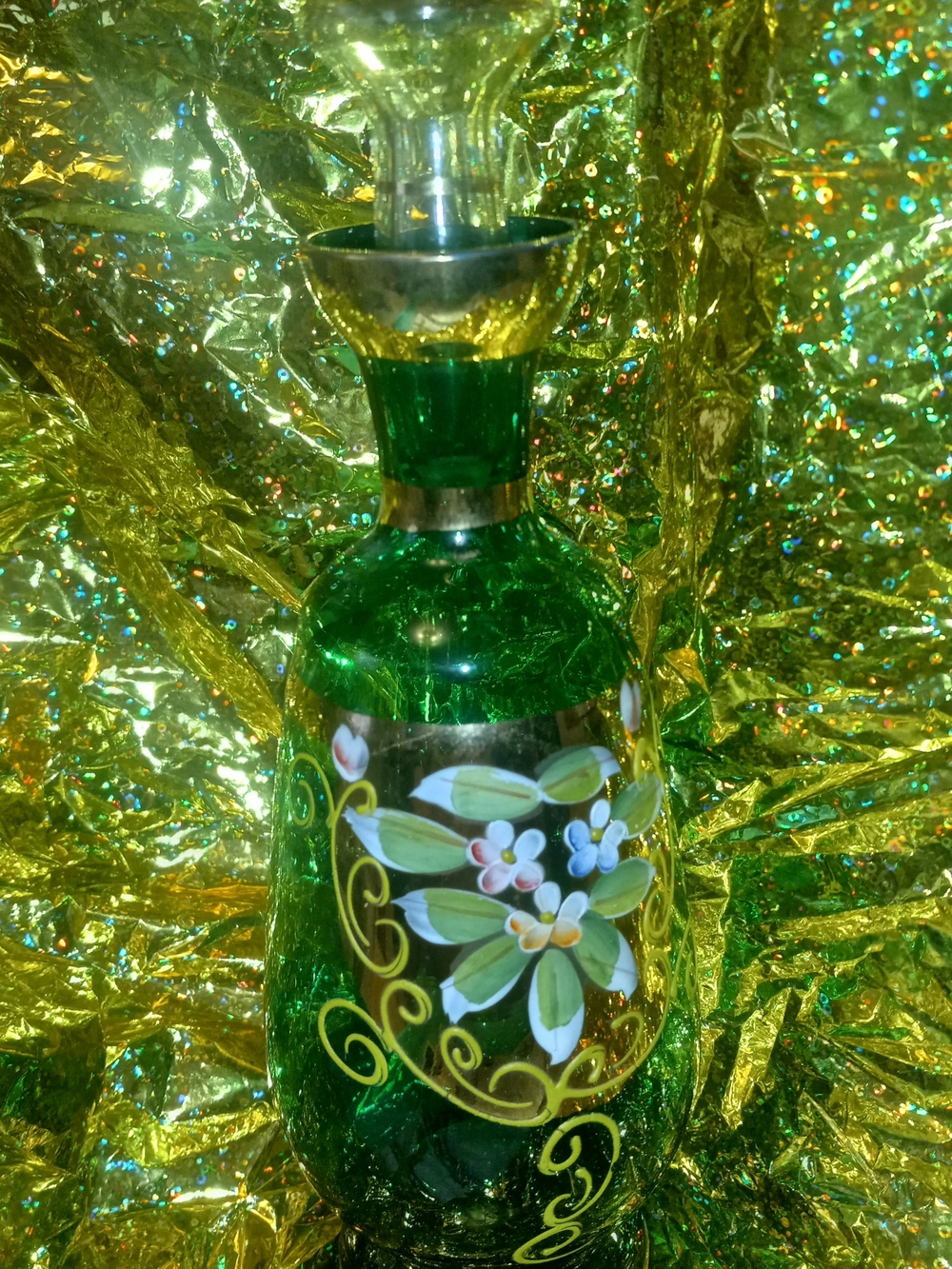 Green Hand-Painted Glass Decorative Bottle - Floral Design